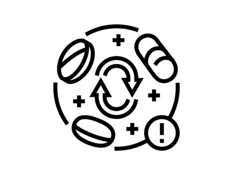 Cannabis – Wechselwirkungen mit anderen Medikamenten Symbolgrafik mit Tabletten, Pfeilen und Pluszeichen als Darstellung eines Medikamentenkreislaufs